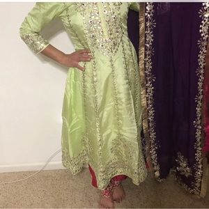 Pista color kameez pink salwar purple four sides full duppata